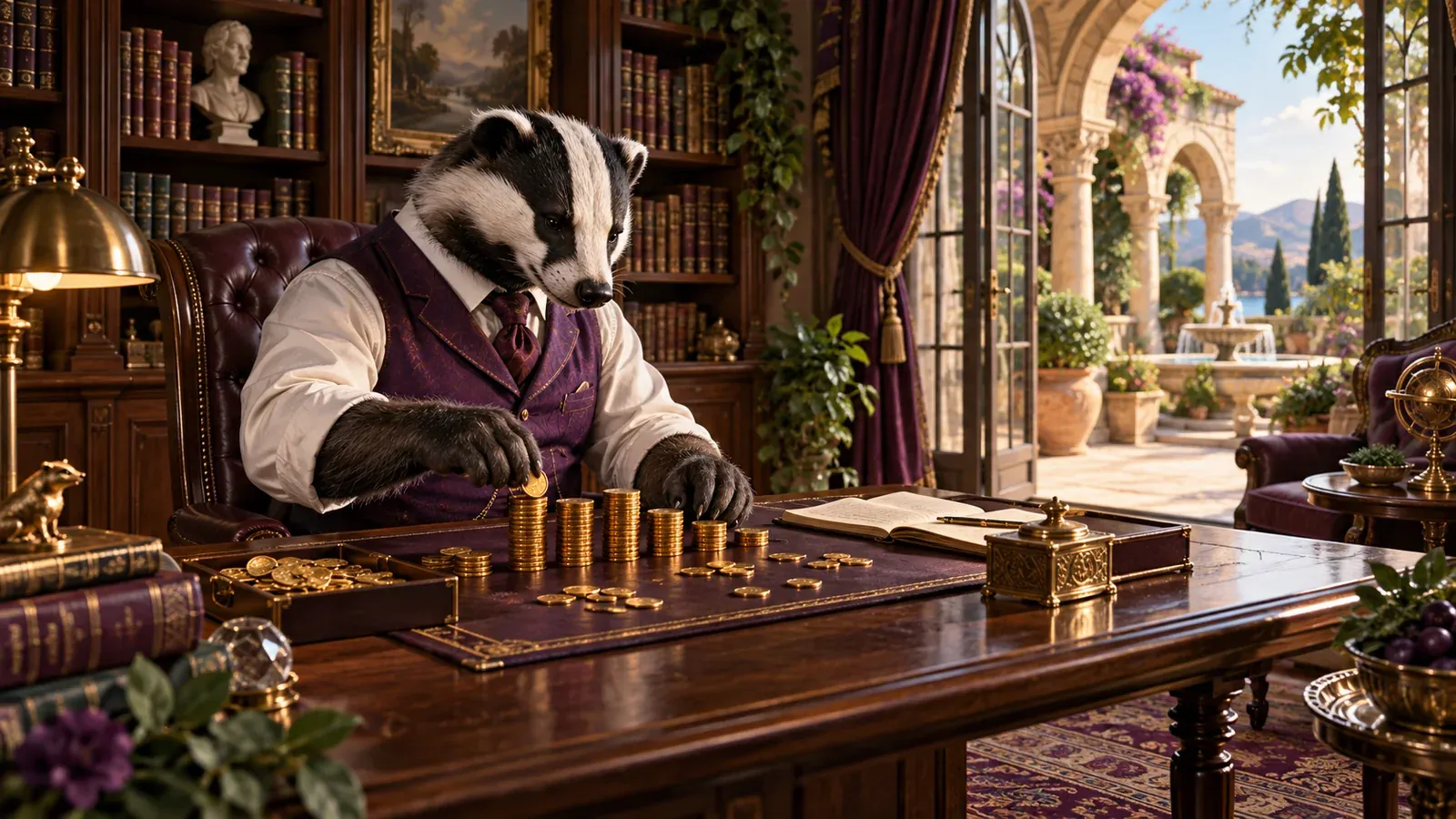 Dorosły antropomorficzny księgowy w violetowym waistcoat, który układa złote tokeny na stołku walutowym w cichej, zaawansowanej bibliotece z ogrodem śródziemnomorskim.