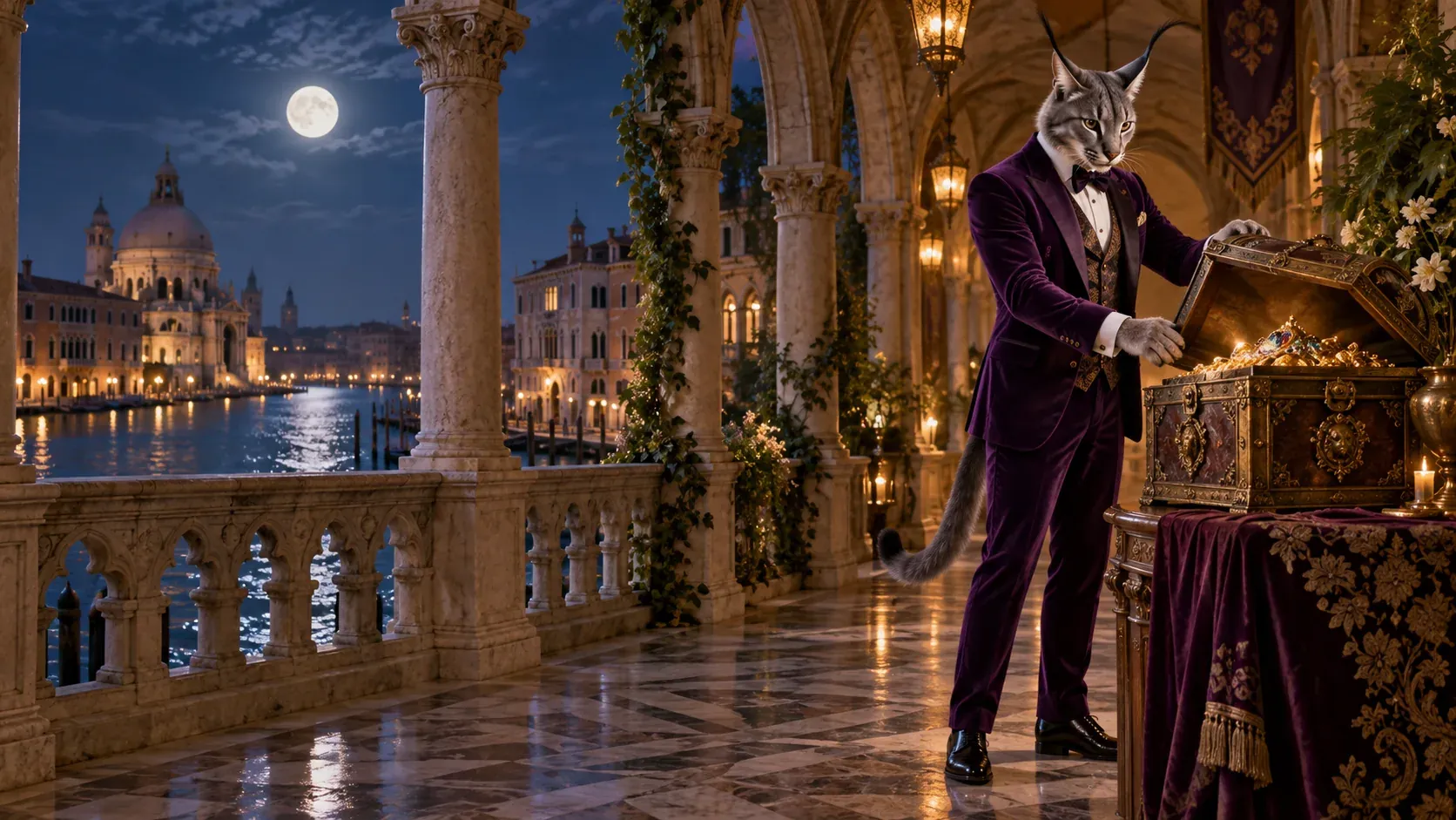 Dorosły antropomorficzny srebrny caracal w purpurowym velvetu tuxedo otwiera kartonową kasę skarbową w arcydzie palazzo w Wenecji nad kanałem z księżycem.