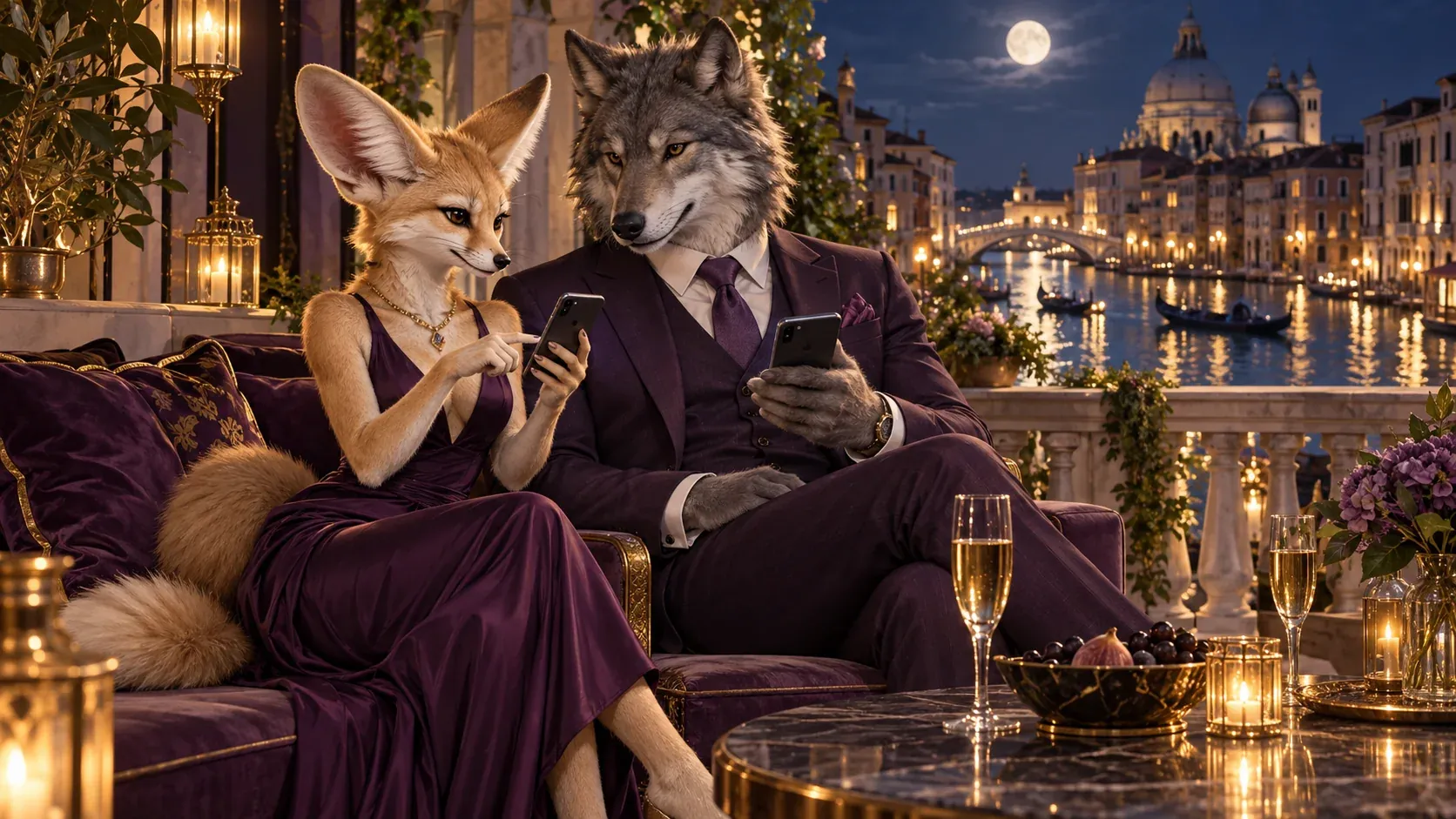 Dwóch dorosłych antropomorficznych bohaterów, fennec fox i szary wilk w ukierunkowanym purpurowym wieczorem noszą porównywalne smartfony w luksusowym salonie na balkonie nad księżycowym europejskim kanałem.