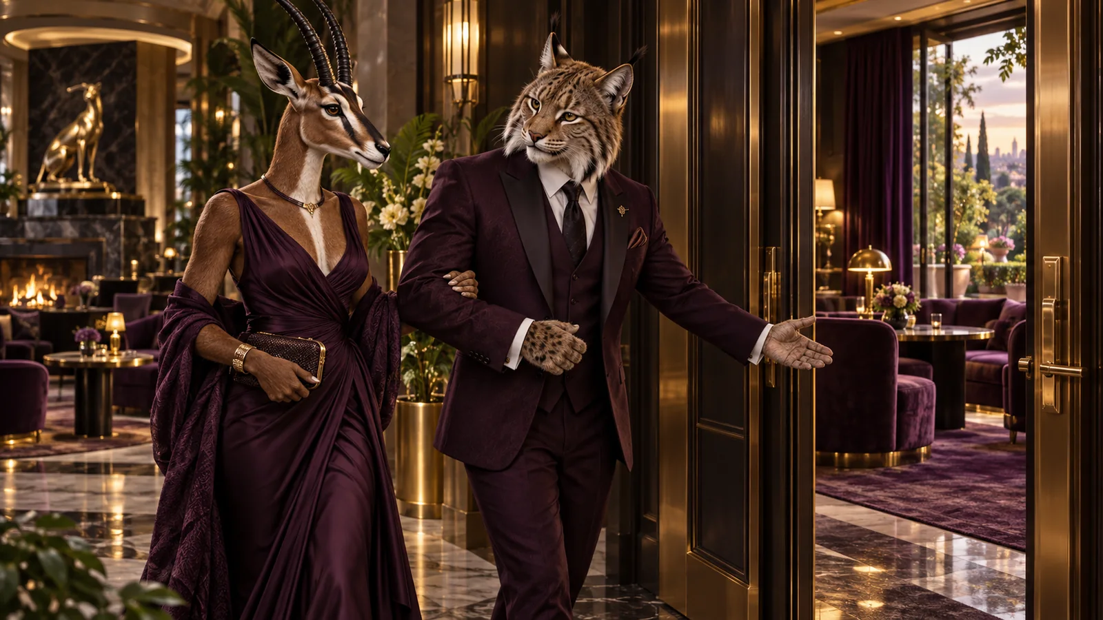 Dwóch dorosłych antropomorficznych bohaterów, lynx host prowadzący piasek antelope gość w kierunku prywatnej suity, plum wieczorne ubrania w rafinowanym brass-lined prywatnych członków klubu z drzwiami ogrodowymi.