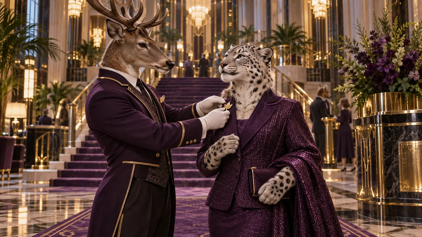 Dwóch dorosłych antropomorficznych bohaterów, stażowy koncerż przyznający mały złoty emblemat gościom leoparda śniegu, purpurowe wieczorne sukienki w majestatycznym sali schodowej Art Deco z fioletowym dywanem.